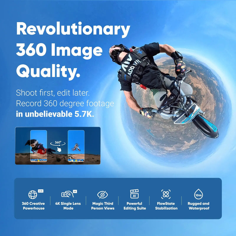 Insta360 x3-câmera de ação 360 à prova d'água com sensores de 1/2 "48mp, 5.7k 360 vídeo hdr ativo, foto de 360 de 72mp, lente única 4k