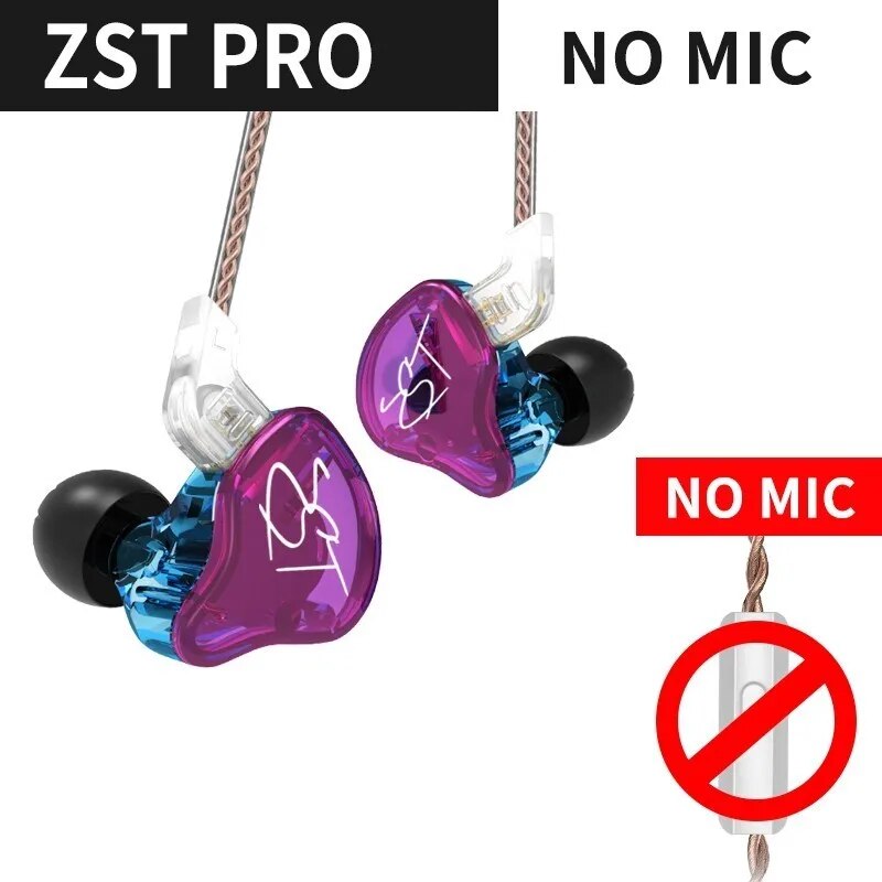 KZ-ZST Purple Armadura Fone De Ouvido, Dual Driver Fone De Ouvido, Cabo Destacável, In Ear Monitores De Áudio, Isolamento De Ruído, HiFi Esportes Música Earbuds