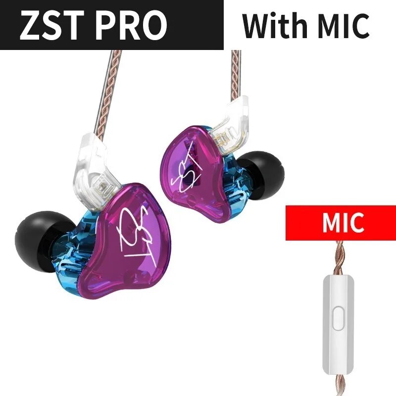 KZ-ZST Purple Armadura Fone De Ouvido, Dual Driver Fone De Ouvido, Cabo Destacável, In Ear Monitores De Áudio, Isolamento De Ruído, HiFi Esportes Música Earbuds