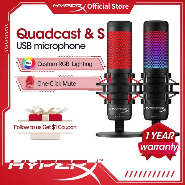 Microfone HyperX QuadCast / QuadCast S E-Sports, Microfone para jogos de computador, Microfones RGB para PC, Laptop, Quadcast S