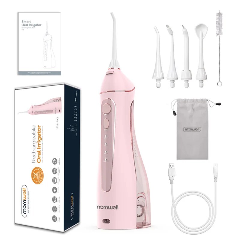 Mornwell-Irrigador Oral Portátil com Bolsa de Viagem, Flosser de Água, Recarregável USB, 5 Bicos, Water Jet, Tanque de Água 200ml, Impermeável