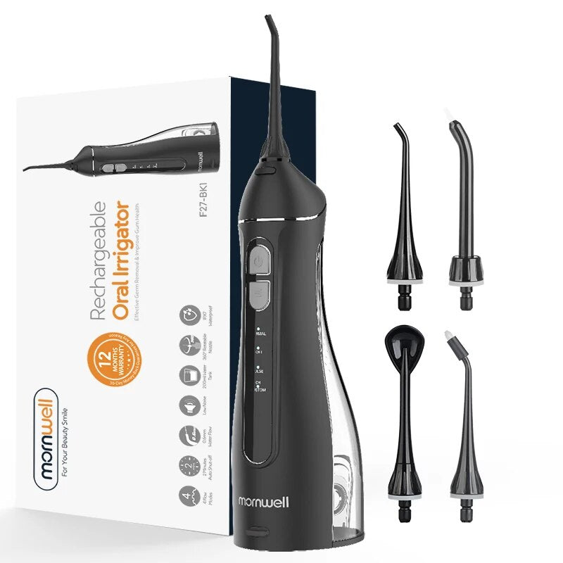 Mornwell-Irrigador Oral Portátil com Bolsa de Viagem, Flosser de Água, Recarregável USB, 5 Bicos, Water Jet, Tanque de Água 200ml, Impermeável