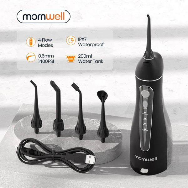 Mornwell-Irrigador Oral Portátil com Bolsa de Viagem, Flosser de Água, Recarregável USB, 5 Bicos, Water Jet, Tanque de Água 200ml, Impermeável