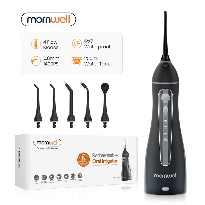 Mornwell-Irrigador Oral Portátil com Bolsa de Viagem, Flosser de Água, Recarregável USB, 5 Bicos, Water Jet, Tanque de Água 200ml, Impermeável