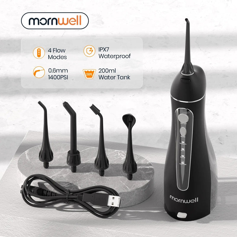 Mornwell-Irrigador Oral Portátil com Bolsa de Viagem, Flosser de Água, Recarregável USB, 5 Bicos, Water Jet, Tanque de Água 200ml, Impermeável