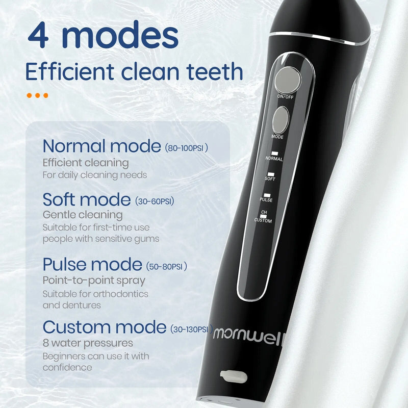Mornwell-Irrigador Oral Portátil com Bolsa de Viagem, Flosser de Água, Recarregável USB, 5 Bicos, Water Jet, Tanque de Água 200ml, Impermeável