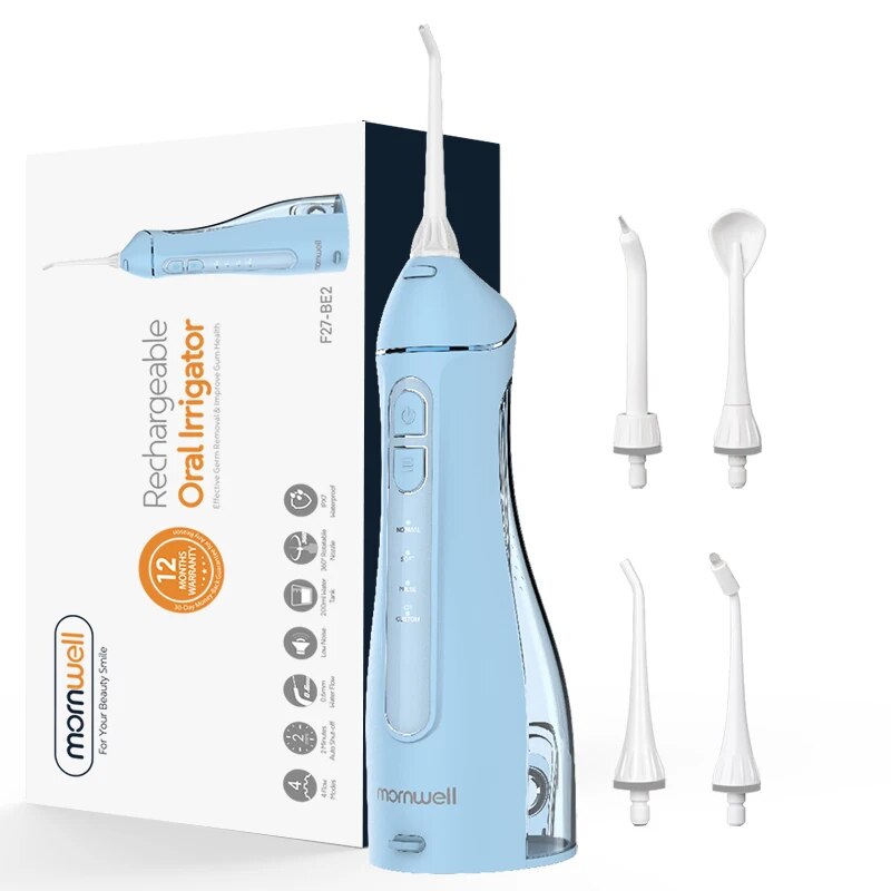Mornwell-Irrigador Oral Portátil com Bolsa de Viagem, Flosser de Água, Recarregável USB, 5 Bicos, Water Jet, Tanque de Água 200ml, Impermeável