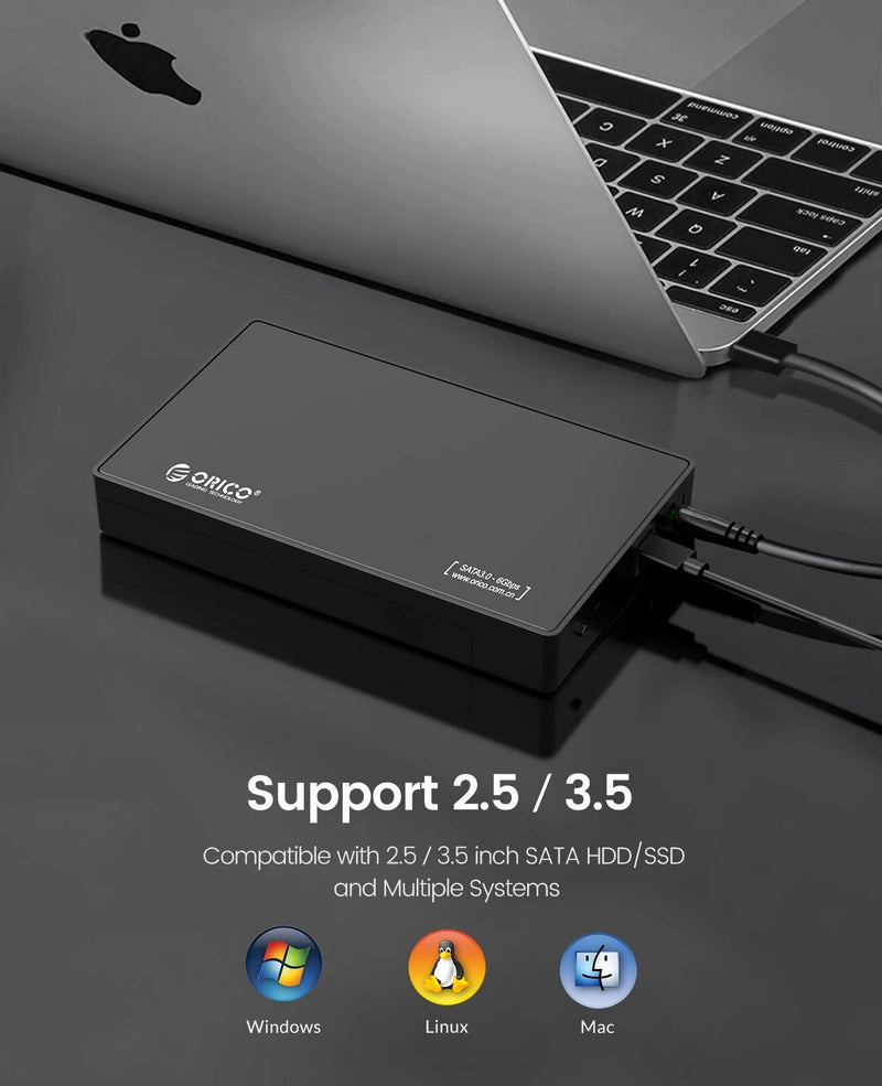 ORICO-Gabinete de Disco Rígido Externo, HDD Case, Caixa, Suporte UASP, Tipo C, SATA para USB 3.0, 2.5 ", 3.5", SSD, Disco