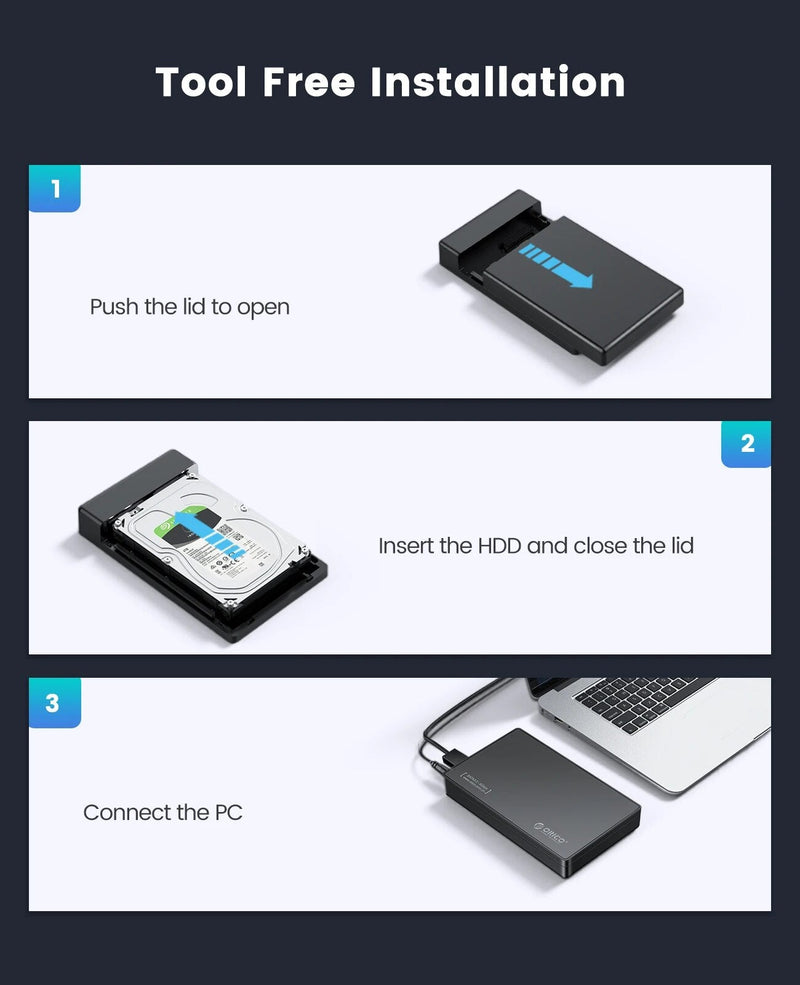 ORICO-Gabinete de Disco Rígido Externo, HDD Case, Caixa, Suporte UASP, Tipo C, SATA para USB 3.0, 2.5 ", 3.5", SSD, Disco