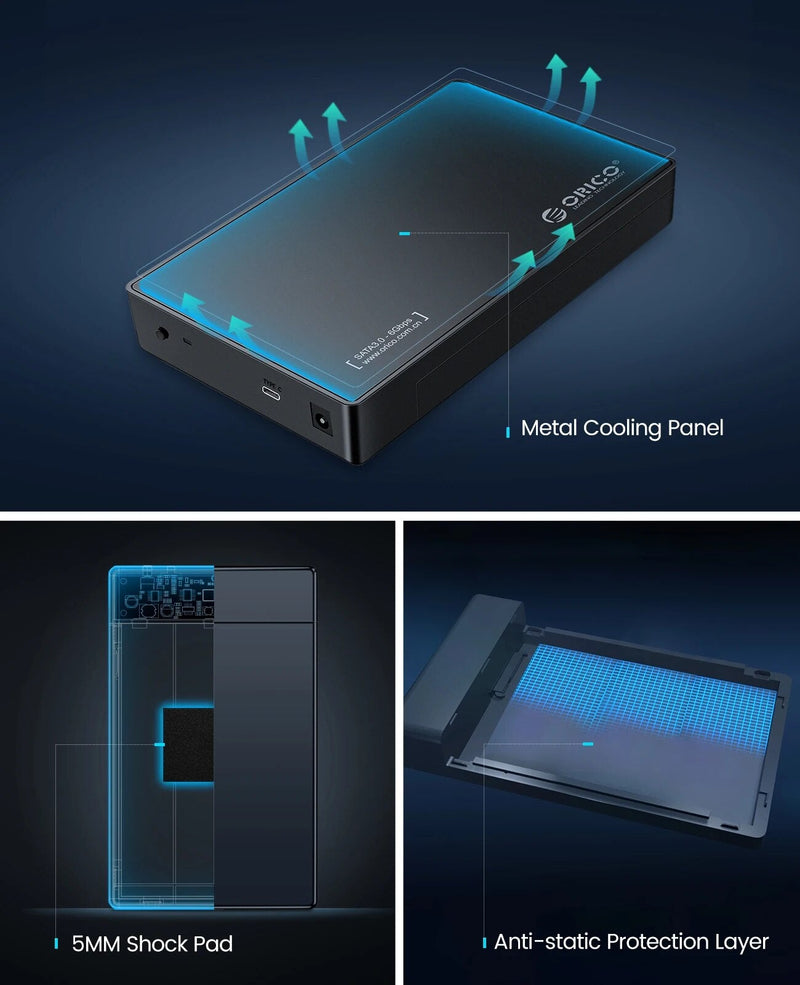 ORICO-Gabinete de Disco Rígido Externo, HDD Case, Caixa, Suporte UASP, Tipo C, SATA para USB 3.0, 2.5 ", 3.5", SSD, Disco