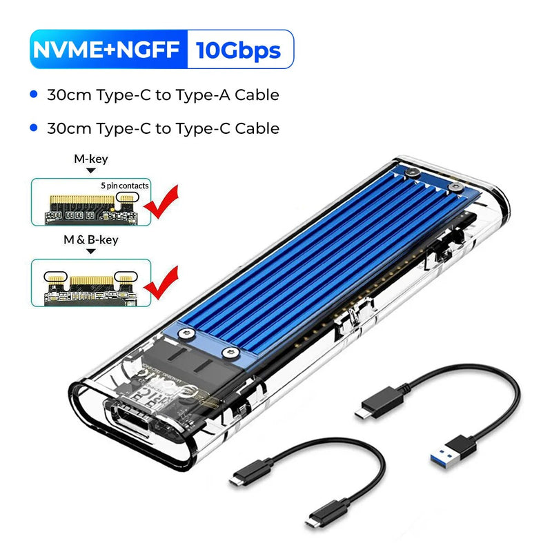 ORICO-M2 Caso SSD, NVME SSD SATA, NVME, 10Gbps, ssd externo portátil M.2 para USB Tipo C, Suporte Adaptador Externo Transparente, UASP Trim