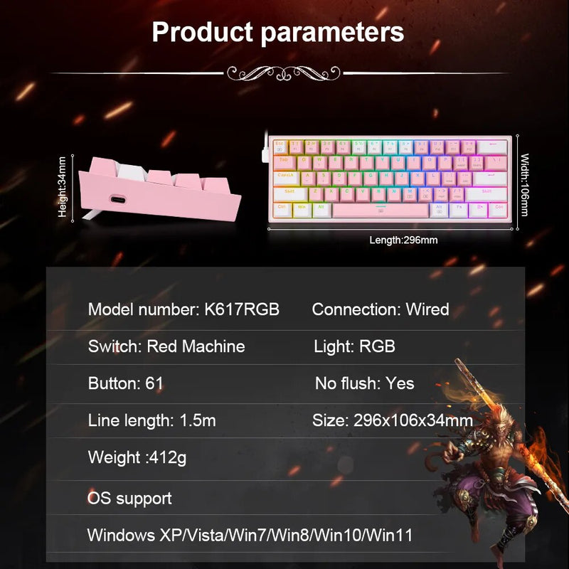 REDRAGON Fizz K617 RGB Mini USB Teclado Com Fio Teclado Gaming Mecânico Interruptor Vermelho 61 Chave Gamer para PC Computador Portátil destacável cabo