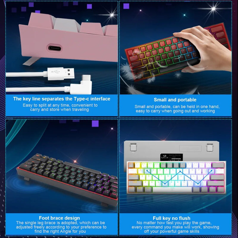 REDRAGON Fizz K617 RGB Mini USB Teclado Com Fio Teclado Gaming Mecânico Interruptor Vermelho 61 Chave Gamer para PC Computador Portátil destacável cabo