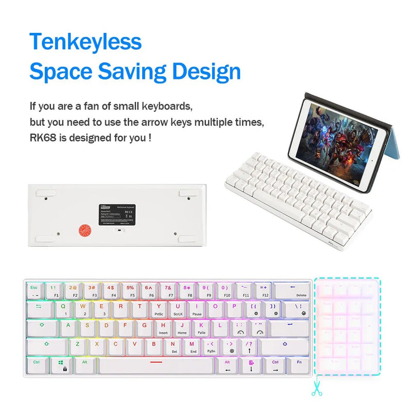 Rk royal kludge rk61 teclado mecânico sem fio bluetooth 61 teclas 60% ultra-compacto modo duplo rgb bachot-sklit gamer teclados