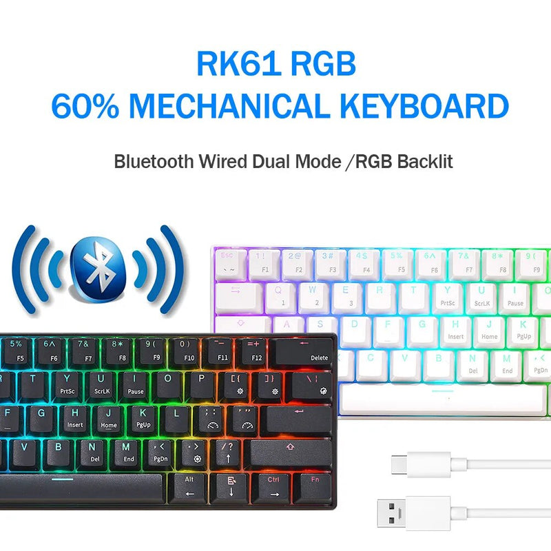 Rk royal kludge rk61 teclado mecânico sem fio bluetooth 61 teclas 60% ultra-compacto modo duplo rgb bachot-sklit gamer teclados