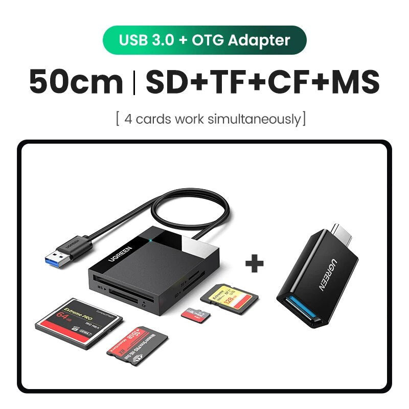 Ugreen leitor de cartão 4-em-1 usb3.0/USB-C sd micro sd tf cf ms compacto adaptador de cartão flash para computador portátil multi otg leitor de cartão inteligente